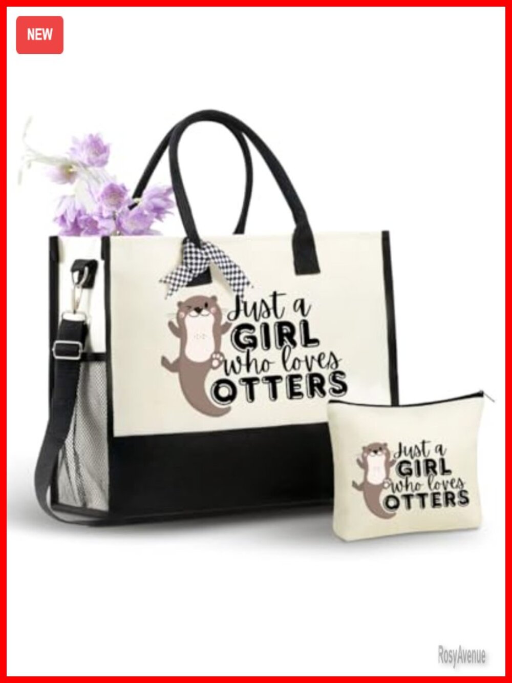 Canvas Tote Bag with Makeup Pouch & Ribbons, Zipper Closure, Shoulder Strap